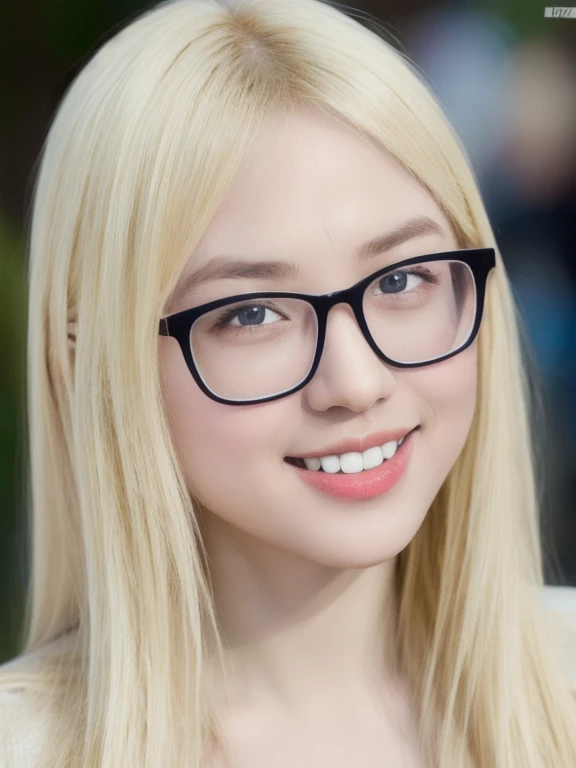 (realistic、masterpiece、Best Quality、8K、highres、high resolution:1.3)、1 glasses girl、smile, Huge breasts、white bikini、pale white skin、looking at viewers、super fine face and eyes、long blonde hair、indoor、 upper body、