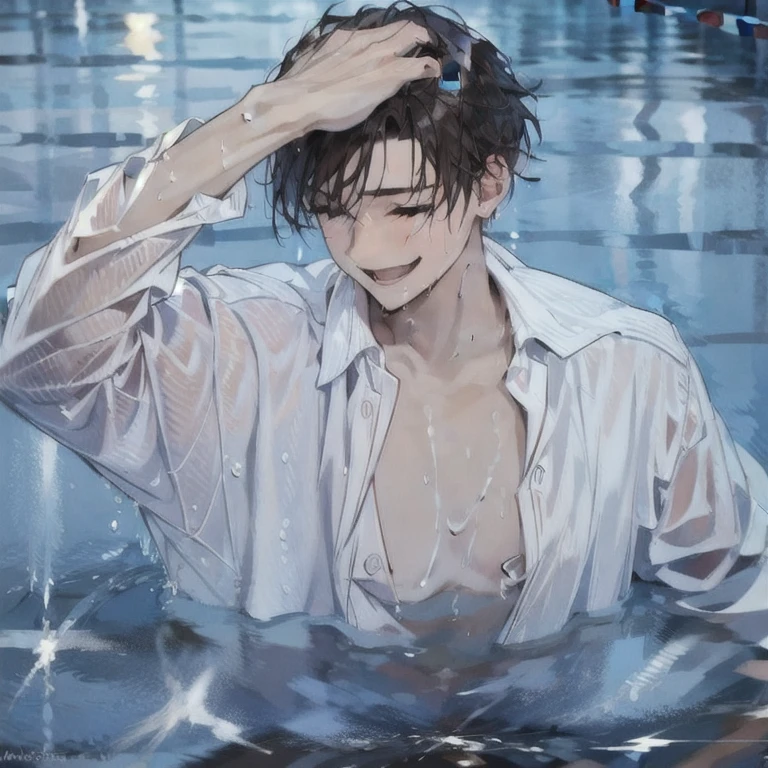 Masterpiece, best quality, a boy is on a pool, smoothing his hair up, wet hair, wet shirt, water pool, water effects, water wave, smiling, detailed pool, pool background, cinematic lighting, cinematic scenery