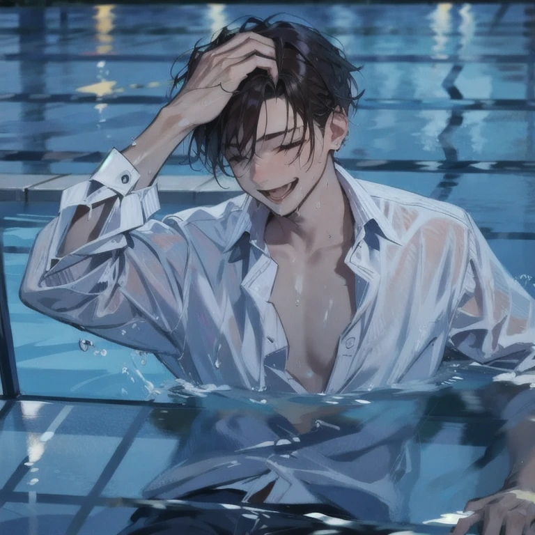 Masterpiece, best quality, a boy is on a pool, smoothing his hair up, wet hair, wet shirt, water pool, water effects, water wave, smiling, detailed pool, pool background, cinematic lighting, cinematic scenery