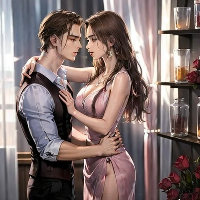 (masterpiece, best quality:1.2), a men is holding a girl's waist. the girl is touch the men's face, luxurious room, elegant, rich,  gentle look, romatic look, sweet, romantic, romantic scenery, romantic atmostphere, couple, cinematic scenery, cinematic lighting