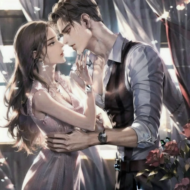 (masterpiece, best quality:1.2), a men is holding a girl's waist. maculine men, luxurious room, elegant, rich,  gentle look, romatic look, sweet, romantic, romantic scenery, romantic atmostphere, couple, cinematic scenery, cinematic lighting