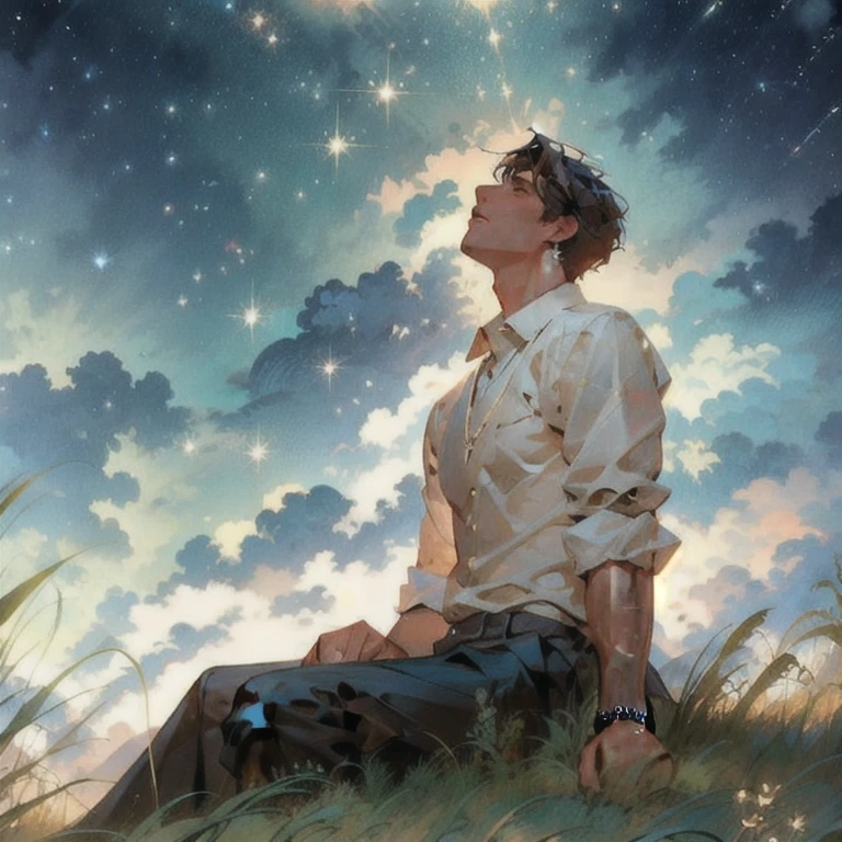 (masterpiece, best quality:1.2), a men is sitting on the field to watch the starry night, starry night, clouds, dramatic lighting, winblow, grasses, cinematic scenery, cenematic lighting, expanding landscape, wallpaper