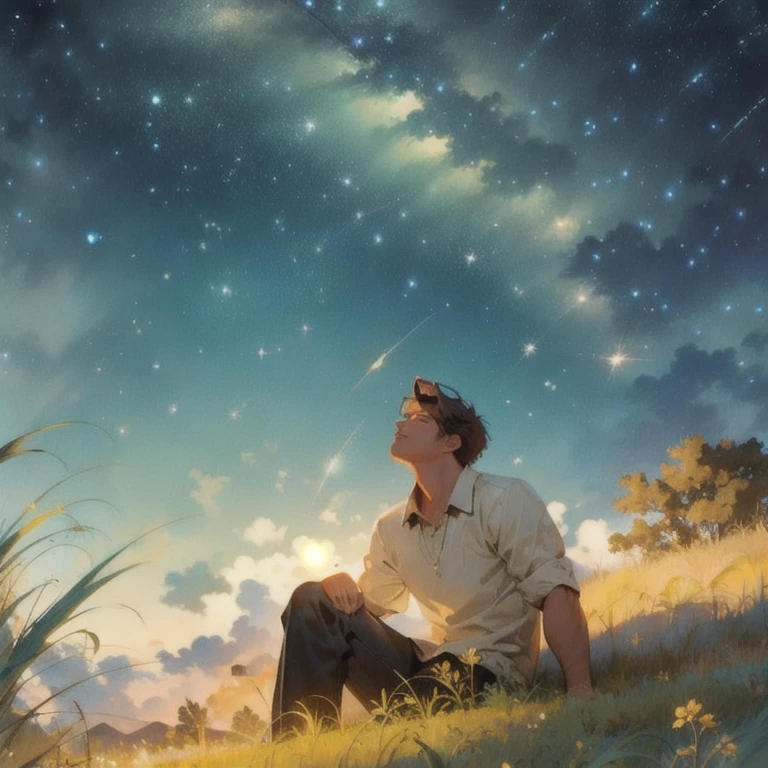(masterpiece, best quality:1.2), a men is sitting on the field to watch the starry night, starry night, clouds, dramatic lighting, winblow, grasses, cinematic scenery, cenematic lighting, expanding landscape, wallpaper