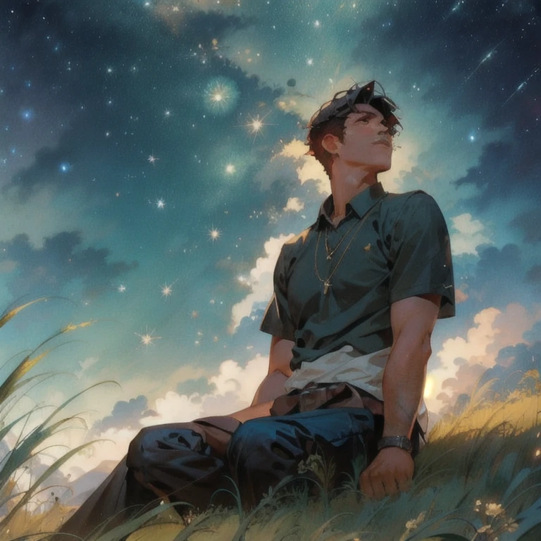 (masterpiece, best quality:1.2), a men is sitting on the field to watch the starry night, starry night, clouds, dramatic lighting, winblow, grasses, cinematic scenery, cenematic lighting, expanding landscape, wallpaper