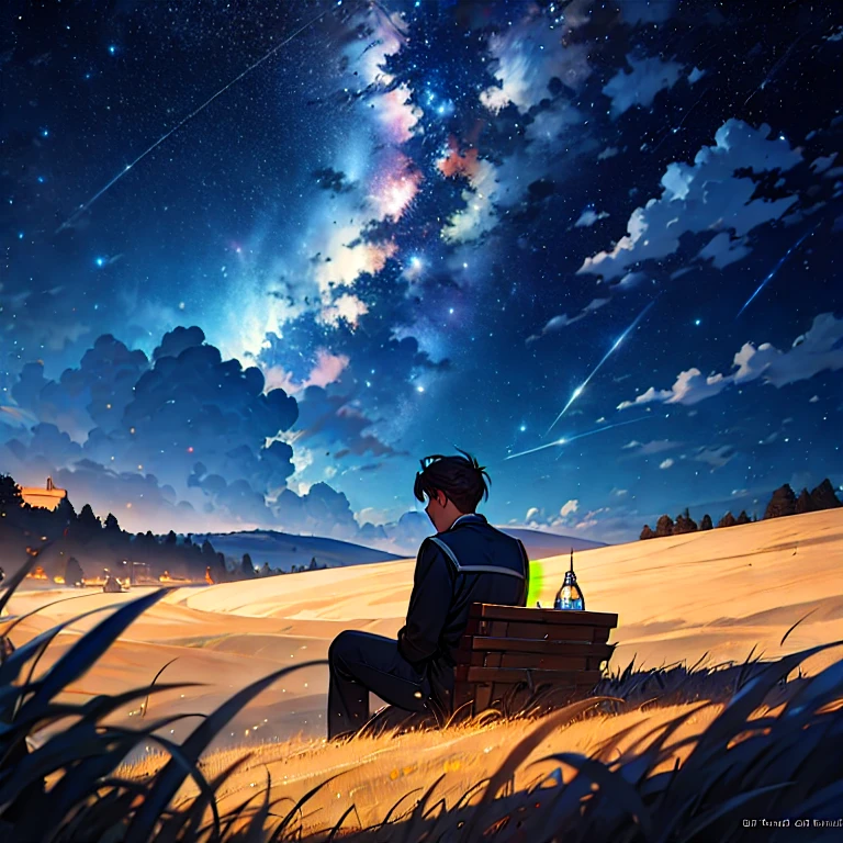 (masterpiece, best quality:1.2), a men is sitting on the field to watch the starry night, Crosing his  legs, starry night, clouds, dramatic lighting, winblow, grasses, cinematic scenery, cenematic lighting, expanding landscape, wallpaper, detailed face