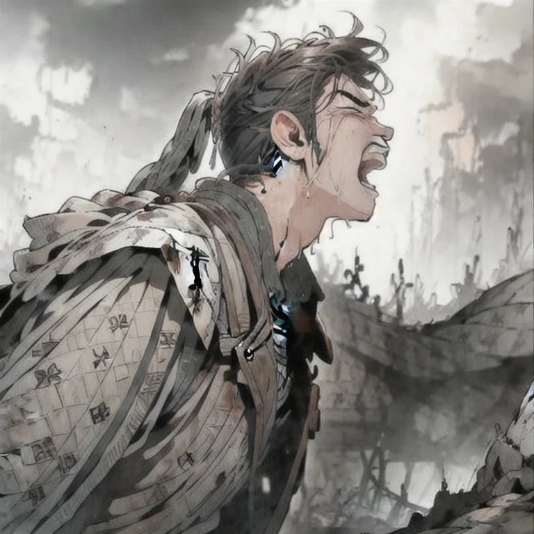(masterpiece, best quality:1.2), a handsome soldier men is screaming in grief, closing eyes, extremely emotional, sorrowful, painful, suffering, sad, grief, battlefield, blood, war, dusts, gloomy sky, clouds, dramatic lighting, winblow, deadly background, morning scenery, cinematic scenery, cinematic lighting, expanding landscape, wallpaper, detailed face