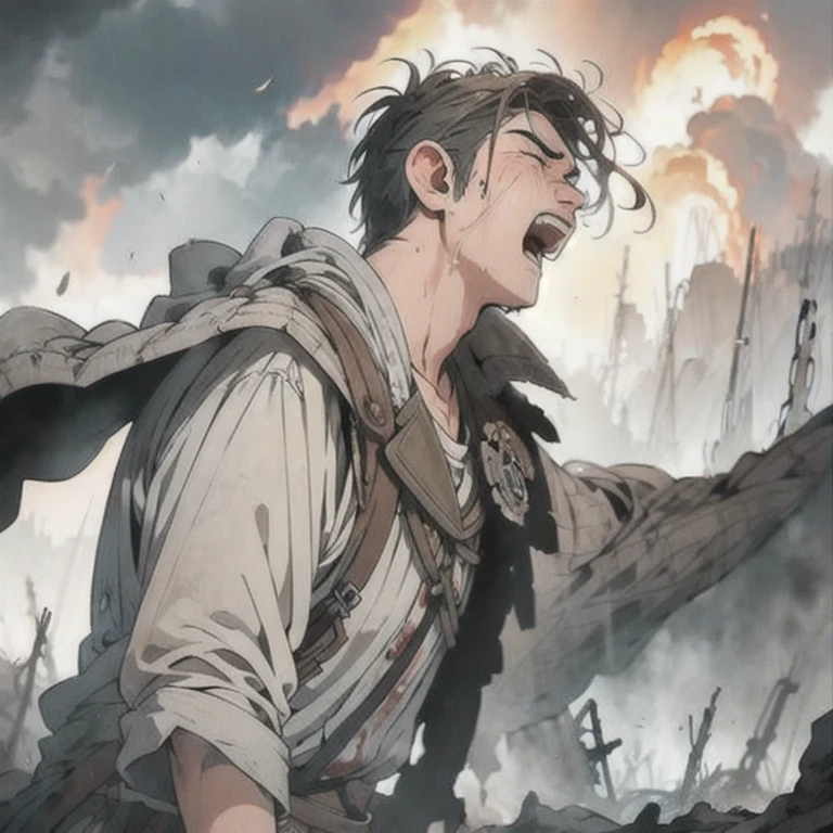 (masterpiece, best quality:1.2), a handsome soldier men is screaming in grief, closing eyes, extremely emotional, sorrowful, painful, suffering, sad, grief, battlefield, blood, war, dusts, gloomy sky, clouds, dramatic lighting, winblow, deadly background, morning scenery, cinematic scenery, cinematic lighting, expanding landscape, wallpaper, detailed face