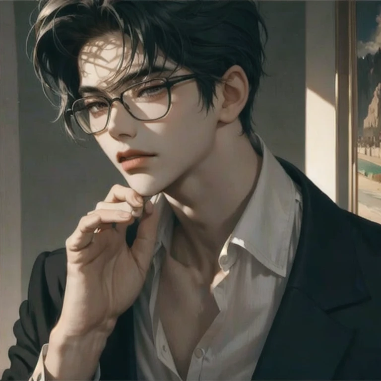 (masterpiece, best quality:1.2), a men is is wearing glasses, fox eyes, sharp eyes, half-closed eyes, handsome, aesthetic, elegant, masculine men, luxurious room, rich, gentle, cinematic scenery, cinematic lighting, landscape, wallpaper