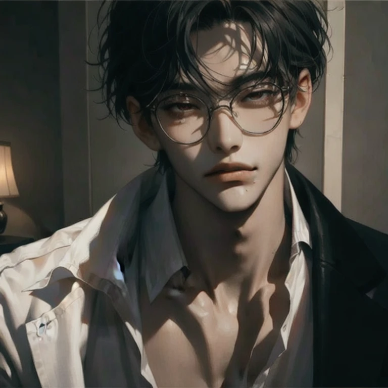 (masterpiece, best quality:1.2), a men is is wearing glasses, fox eyes, sharp eyes, half-closed eyes, handsome, aesthetic, elegant, masculine men, luxurious room, rich, gentle, cinematic scenery, cinematic lighting, landscape, wallpaper