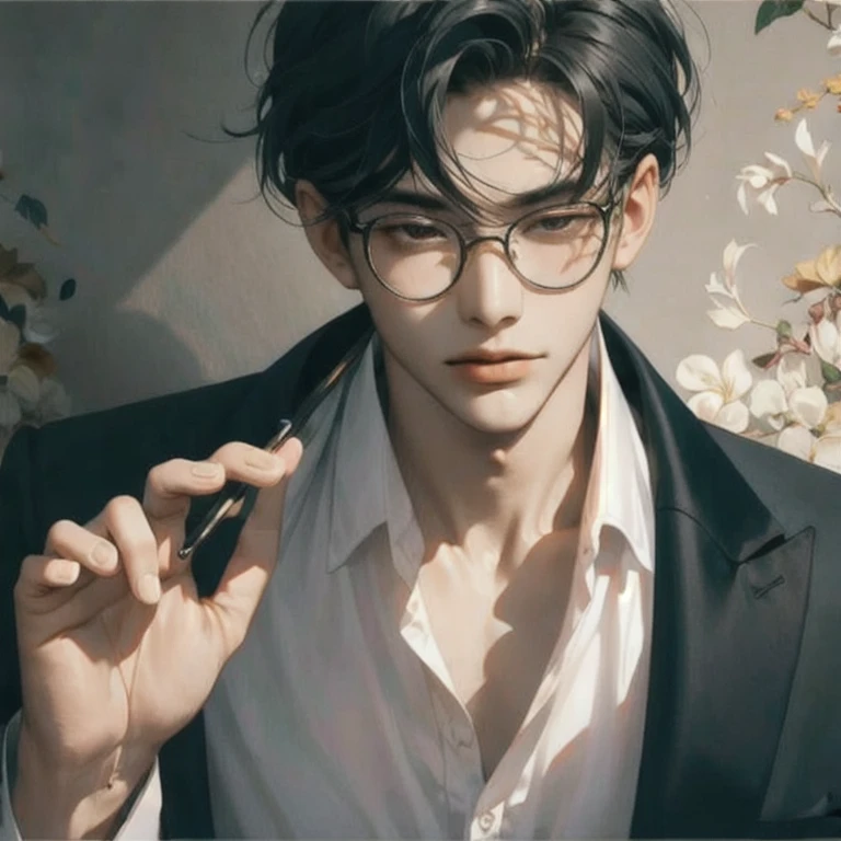 (masterpiece, best quality:1.2), a men is is wearing glasses, fox eyes, sharp eyes, half-closed eyes, handsome, aesthetic, elegant, masculine men, luxurious room, rich, gentle, cinematic scenery, cinematic lighting, landscape, wallpaper