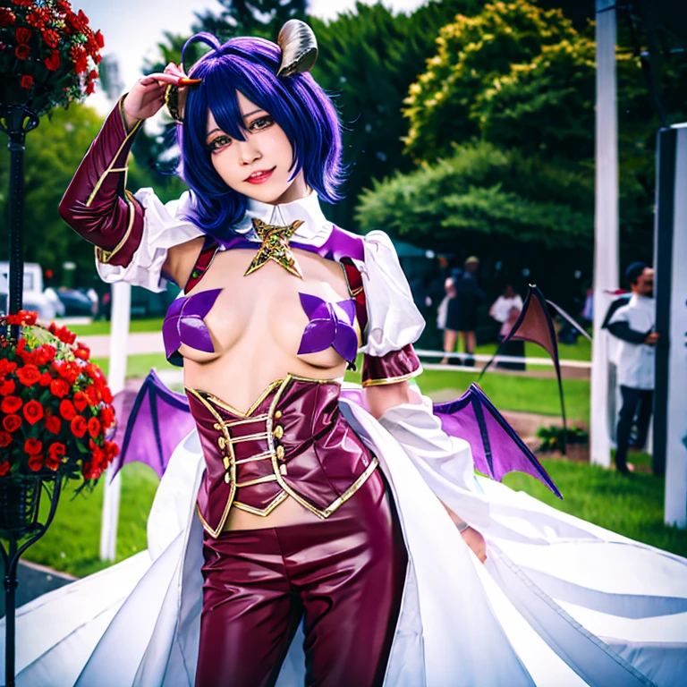 (masterpiece, best quality:1.2), 1girl, solo,masterpiece,best quality,highres,ultra-detailed,(facing_viewer:1.1), cowboy_shot, solo, 1girl, small_breasts, standing, outdoors, garden,navel,horns,fang,demon horns,demon wings,