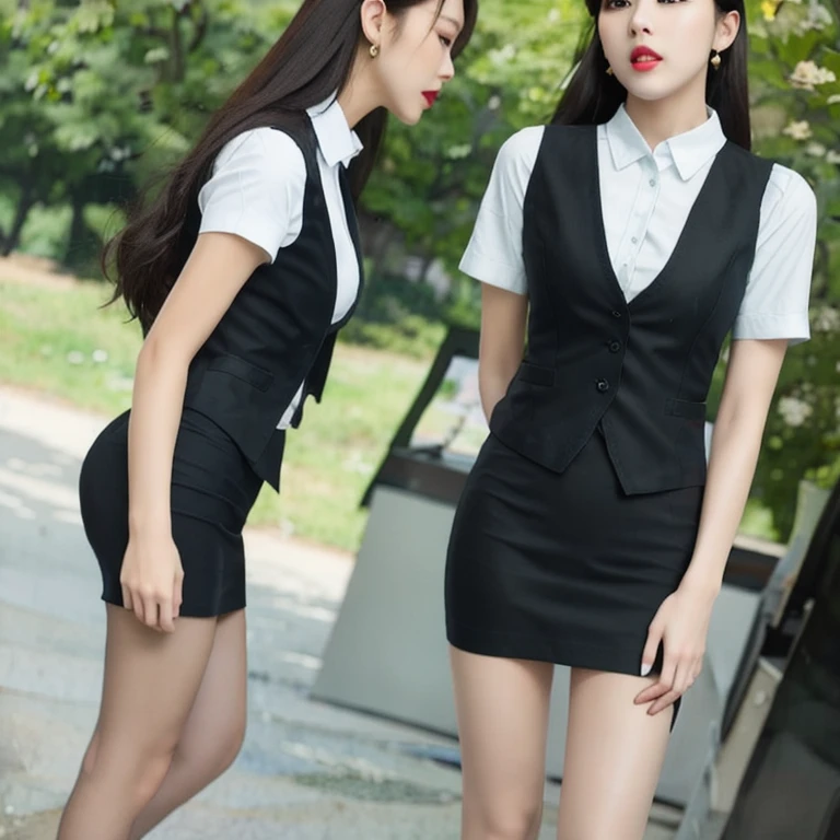 (masterpiece, best quality:1.2), 1girl, solo, beautiful face, office lady, vest, short sleeves, pencil skirt, thigh, standing, high heels, thighhigh, outdoor, city park, full body,