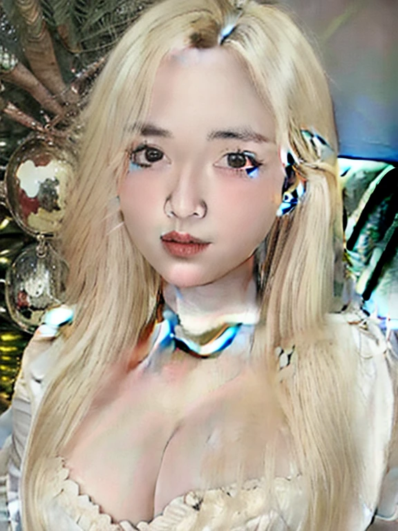 (realistic、masterpiece、Best Quality、8K、highres、high resolution:1.3)、1 girl、Huge breasts、white bikini、pale white skin、looking at viewers、super fine face and eyes、long blonde hair、indoor、 upper body、