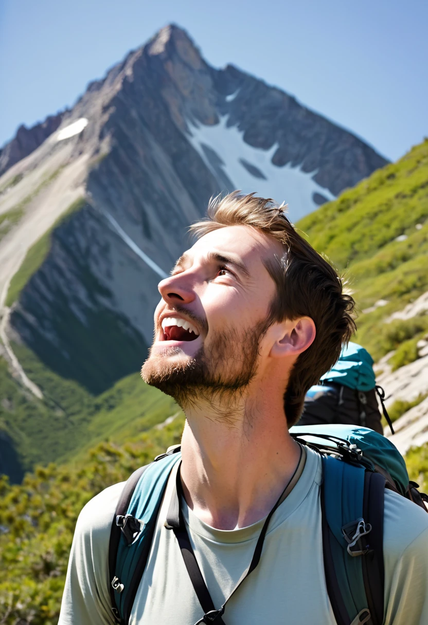 A thin,tall, frail white man, 30 years old, hiking gear on, looking up at moutain, looking defeated at the physical challange of hiking up mountain, sunny day, birds laughing at him