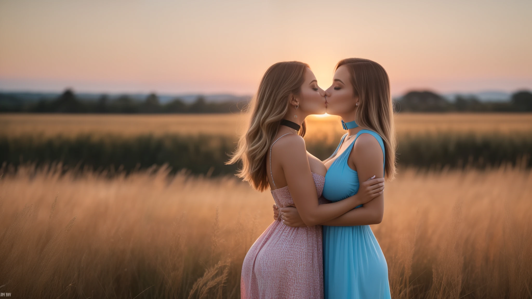 three girls, masterpiece,best qualtiy,hdr, hyper HD, 8K,Bokeh,Ultra-fine painting,Sharp focus,Physically-based rendering,Extreme detail description,portraitures,full-body photo，back turned at viewer, (shag hair), Sexy smile, choker, (summer dress:1.2), (in sunset light:1.2), (kissing:1.2), perfect eyes, perfect hands, perfect body, perfect hair, (Big breasts:1.5), (EOS R8, 50 millimeters, F1.2, 8K, RAW photo:1.2), photograph by arny freytag