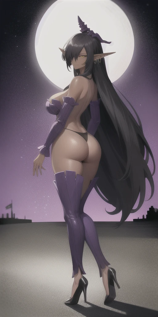 revealing clothes, 1girl, solo, long hair, breasts, looking at viewer, closed mouth, large breasts,castle,outdoors,night, black hair, purple thighhighs, bare shoulders, jewelry, thong, full body, earrings,high heels, detached sleeves, pointy ears, dark skin, hair over one eye,( dark-skinned female:1.2), YELLOW eyes, dark elf, highleg panties, multiple earrings, purple sleeves,smirk, standing,from behind,looking back,