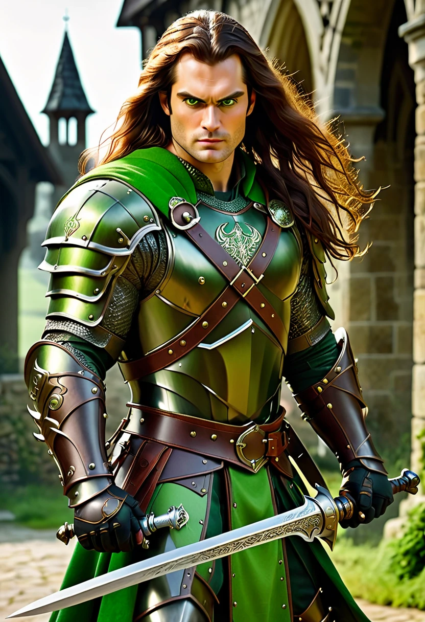 Demon hunter, medieval, long brown hair, green eyes, with Henry Cavill face, mechanical left arm medieval armor, Full body, in action with a sword in hand
