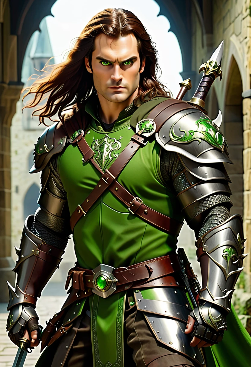 Demon hunter, medieval, long brown hair, green eyes, with Henry Cavill face, mechanical left arm medieval armor, Full body, in action with a sword in hand