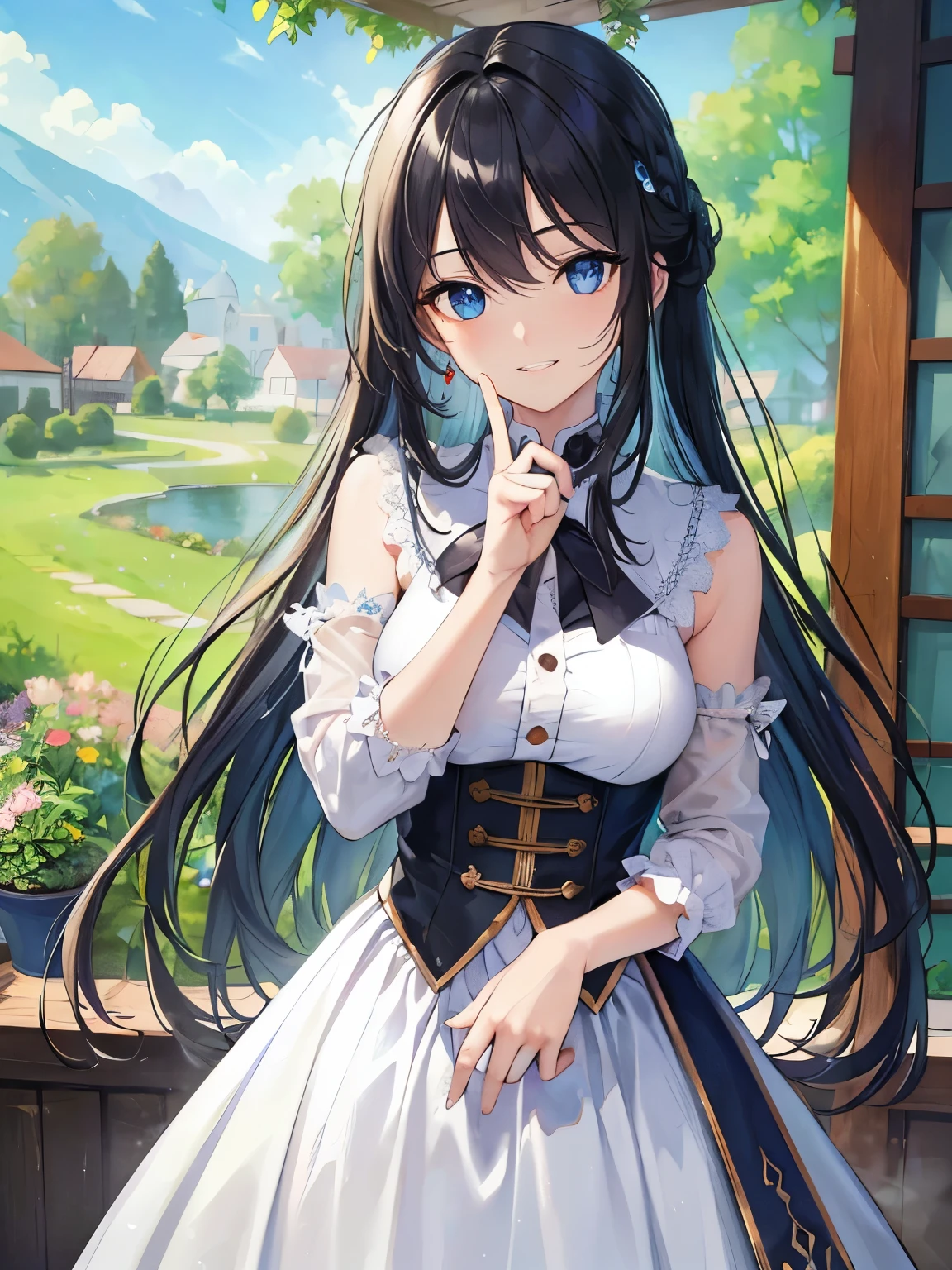 (((Masterpiece1.4))),(((high resolution))),(((best quality))),light-black hair, long hair, light-blue eyes, Official Outfit, Full School Outfit, high resolution, ultrasharp, 8K, masterpiece, looking at viewer, cute personality, cute face,Detailed eyes and face, insanely detailed, flowing hair, standing in flower garden, , playful and cute,no extra hands,Fingers clenched,cute accessories,smile,(all fingers detailed and fixed)