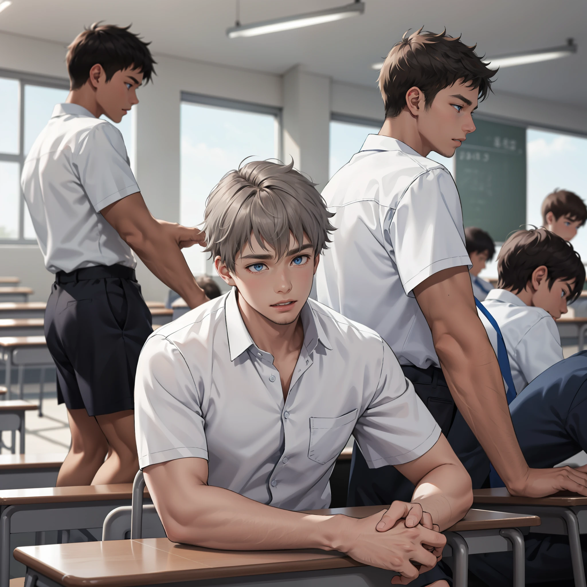 Male adolescents of 15 years with brown Latin skin and gray hair, blue eyes, white shirt are in the school classroom talking something