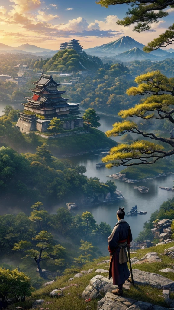 Masterpiece, best quality, (very detailed CG unit 8k wallpaper) (best quality), (best illustration), (best shadows) (male), sekiro on top of a cliff, looking at Ashina castle, feudal Japan, Ray tracing, sinister environment, ultra detailed, , impressionism style