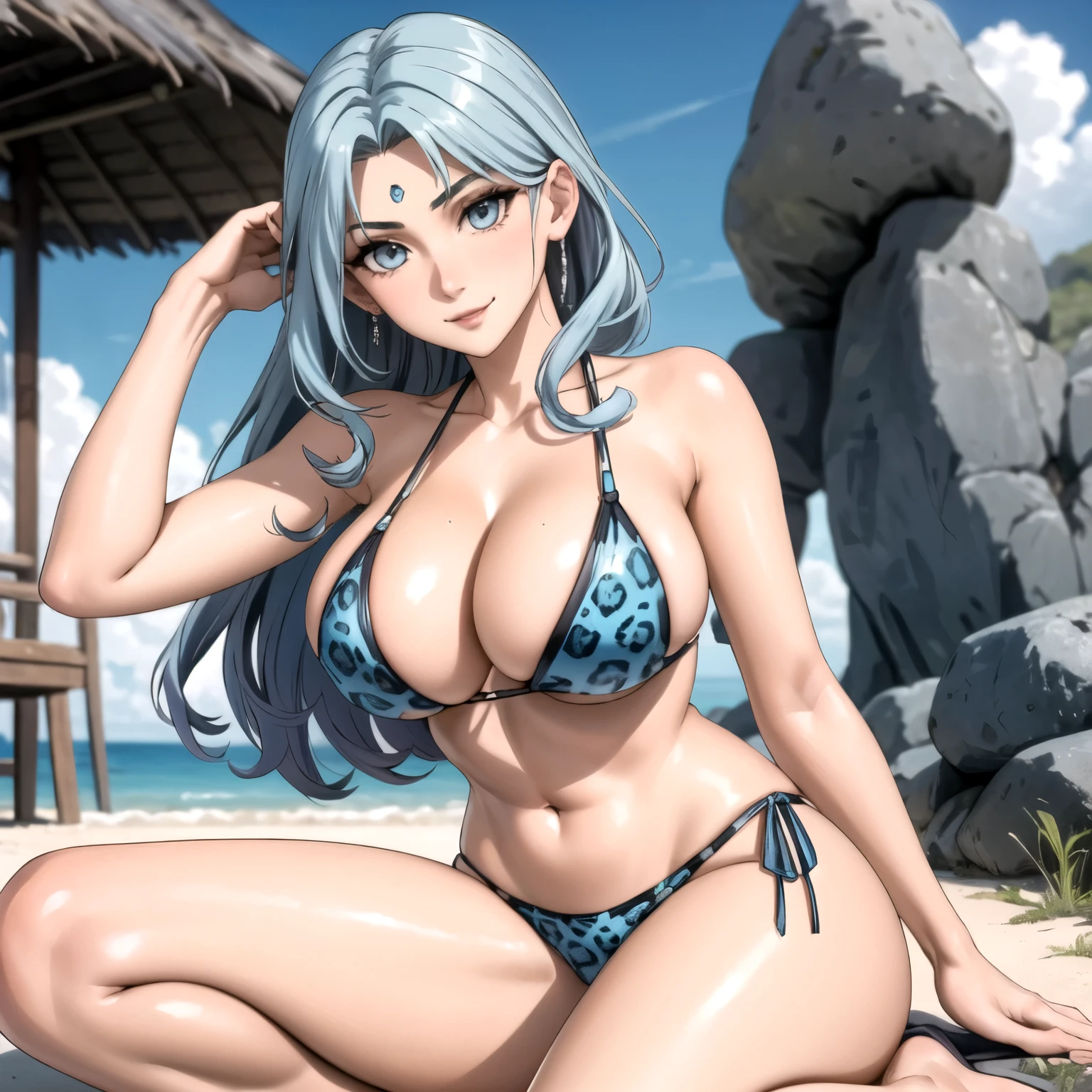 Beautiful 25 year old woman loose light blue hair, cabello suelto, piel clara., a jewel on his forehead pale skin, sonrisa feliz coca abierta, pechos medianos, light blue jaguar design bikini, . fondo una playa, alta calidad. una sola mujer. mujer sol
