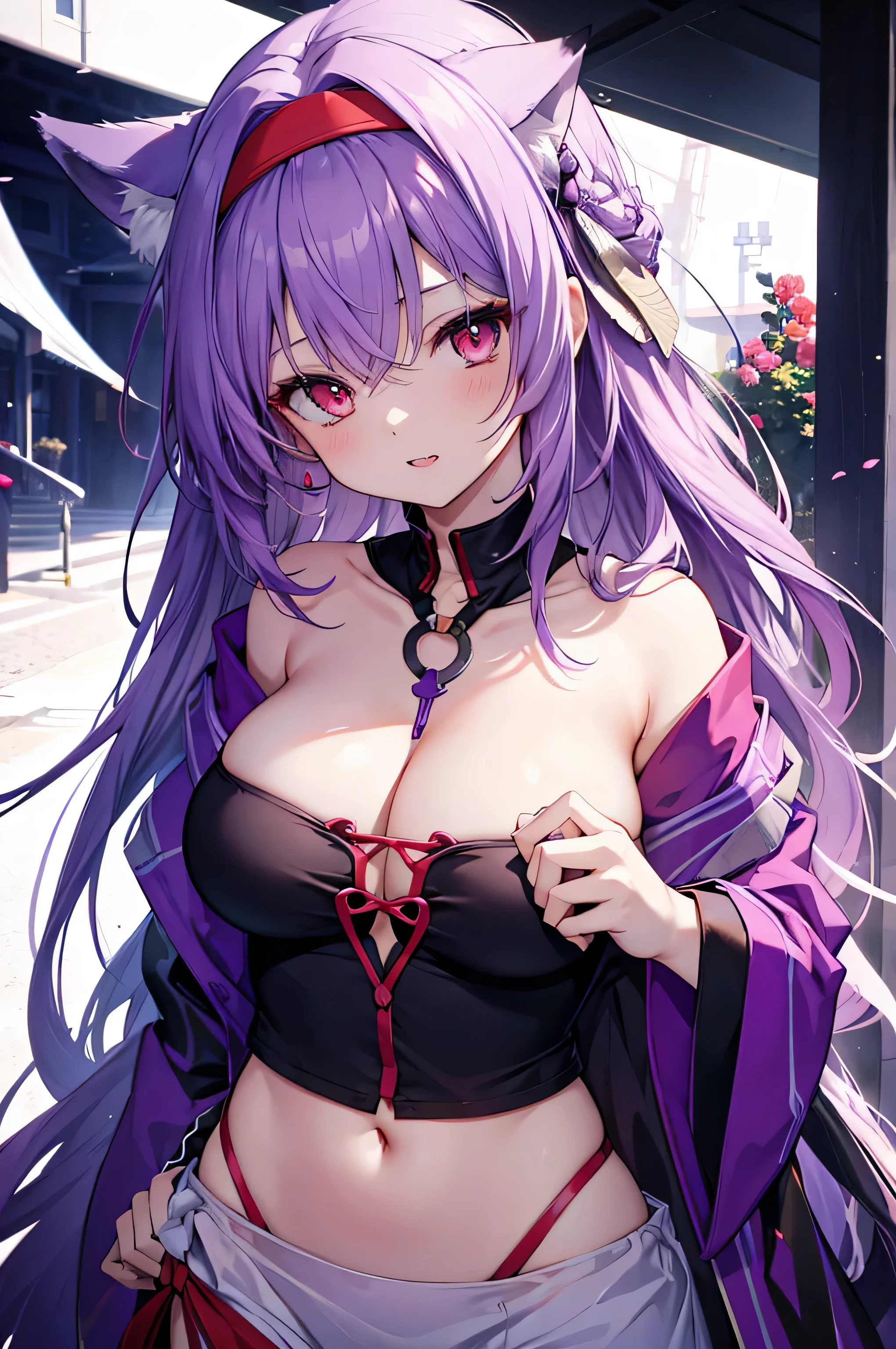 Fox Girl, Large Breasts, Purple Hair, masterpiece , Red eyes, hd, Head to Chest, buried in my chest、Underboob、headband on head、Double teeth