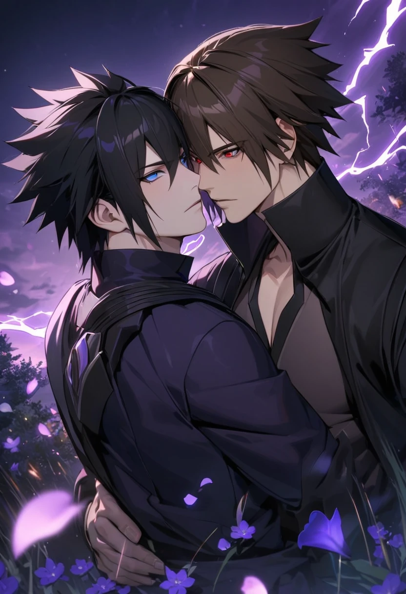 absurdres, highres, ultra detailed, HDR, masterpiece, extremely detailed features, Uchiha Sasuke, expressive red eyes, black hair, hair between the eyes, Naruto Shippuden, Dainsleif, straight brown hair, with bangs, expressive blue eyes, Genshin Impact, 2men together, gay couple, handsome, black ninja clothes, purple sky, moon, purple lightning, fireflies, petals, purple flowers