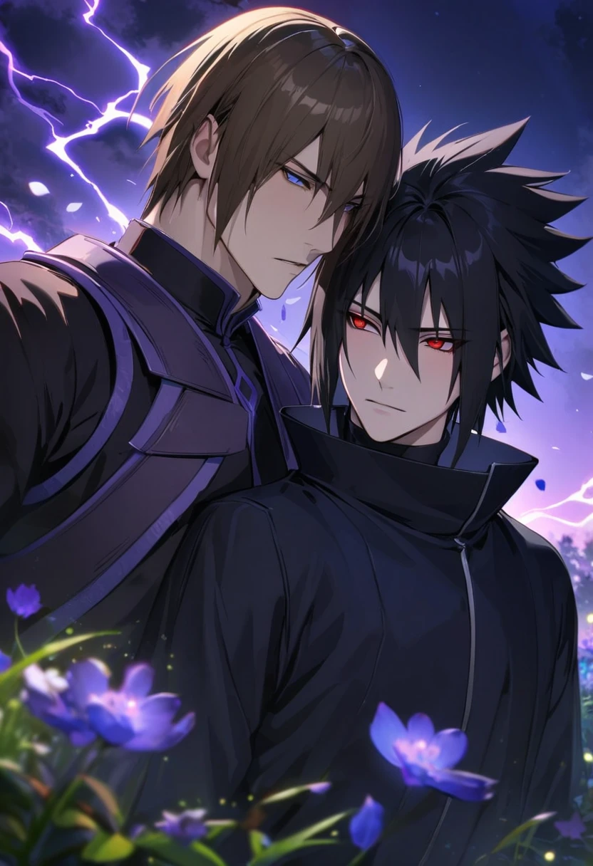 absurdres, highres, ultra detailed, HDR, masterpiece, extremely detailed features, Uchiha Sasuke, expressive red eyes, black hair, hair between the eyes, Naruto Shippuden, Dainsleif, straight brown hair, with bangs, expressive blue eyes, Genshin Impact, 2men together, gay couple, handsome, black ninja clothes, purple sky, moon, purple lightning, fireflies, petals, purple flowers
