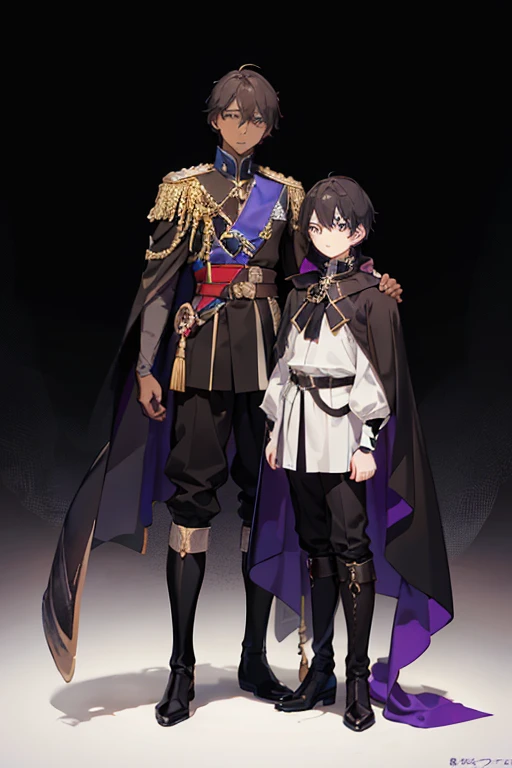 (boy1),(anime),(young ager aged 16),(dark brown skin color),(brown eyes),(short black hair),(height 1.80cm),(wearing),+,(a 16th century emperor's outfit, consisting of a shiny black cape with purple tones, and black boots with purple tones, and a black outfit with a white blouse)