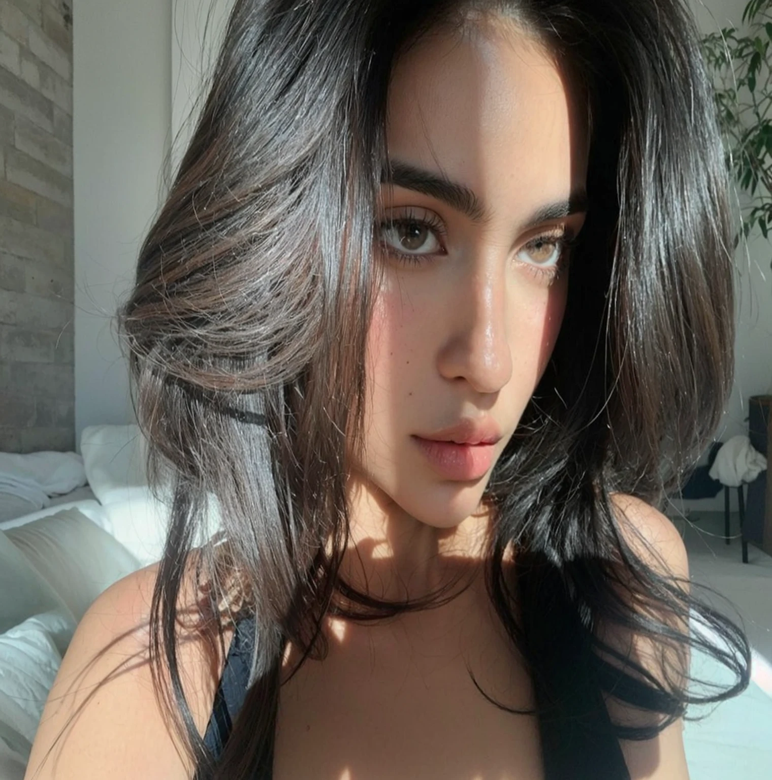 Mujer araffada con cabello largo y oscuro y un sujetador negro., Dua Lipa, hermosa cara latina, violeta myers, olivia culpo, pelo negro y ojos marrones, ana de armas, imagen filtrada, modelo de instagram, by Robbie Trevino, 18 years, pelo negro y ojos grandes, sensual expression, julia fuentes, cara sexy, mirada sexy