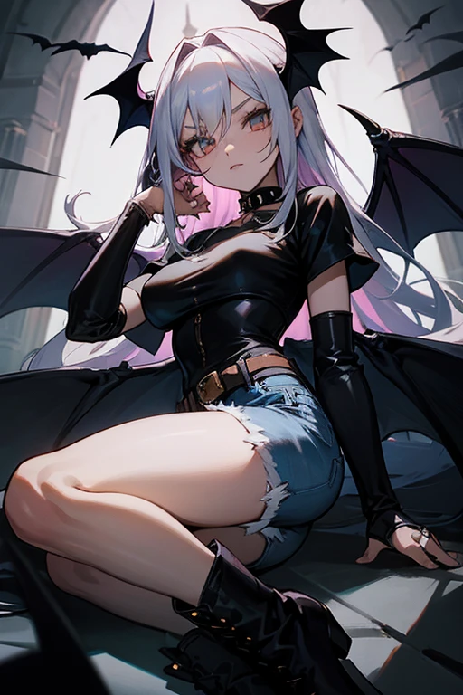 me gere uma imagem de uma garota demonio de cabelos brancos curtos, wearing gothic clothes and platform boots, em estilo anime, make her have gray skin, bat wings plus I want her to wear denim shorts with a leather belt and chains attached to it. I also want her to wear a spiked choker and a leather jacket with a black top. I want her to have black steel gauntlets and be a little muscular.