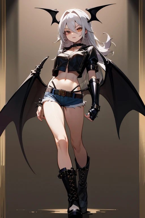me gere uma imagem de uma garota demonio de cabelos brancos curtos, wearing gothic clothes and platform boots, em estilo anime, make her have gray skin, bat wings plus I want her to wear denim shorts with a leather belt and chains attached to it. I also want her to wear a spiked choker and a leather jacket with a black top. I want her to have black steel gauntlets and be a little muscular.