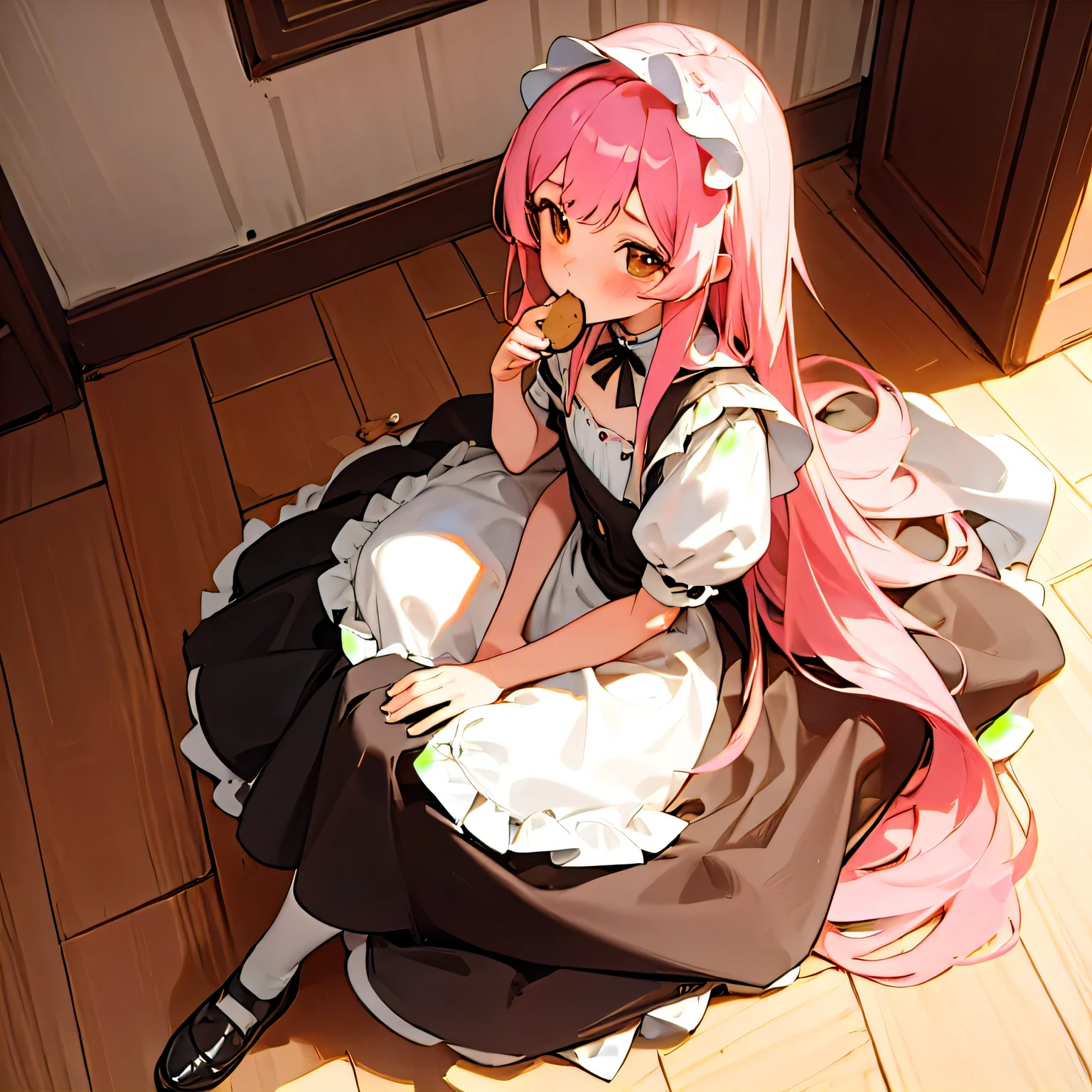 (masterpiece, highest quality:1.2),
One girl, :t, View your viewers, Long Hair, Pink Hair, Brown eyes tearing through black dress, Maid clothes, Flat Chest, Sitting, Eat at the floor break, cookie, From above, kitchen