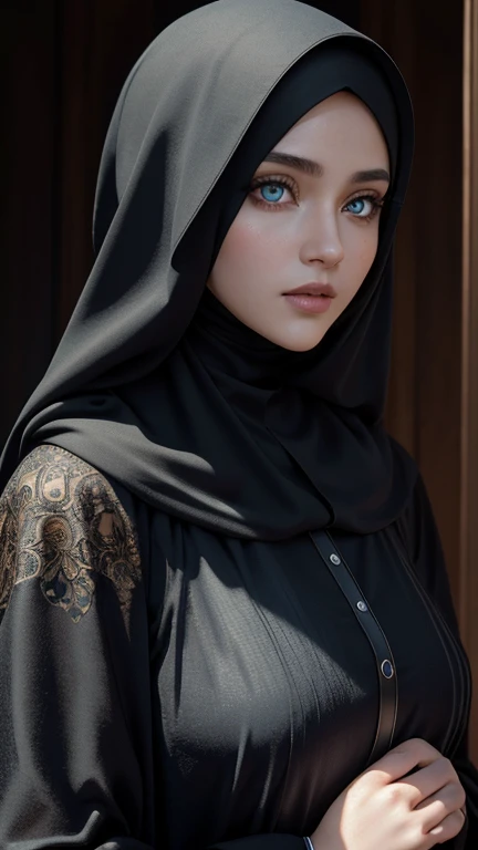 (RAW style, masterpiece, best quality, ultra-detailed) closed-up view , a beautiful hijab woman ((beautiful eyes)) wearing abaya , exquisite image boasts an ultra-realistic and ultra-detailed representation, with intricate details that capture the depth and nuance of every feature. The depth of field is expertly rendered, adding a sense of dimension and texture to the scene. Octane renders bring out the ultra-definition in the (skin texture, film grain), imbuing the image with a cinematic feel that is further enhanced by the cinematic light, which bathes the girl's face in sidelighting. The ultra high clear blue eyes