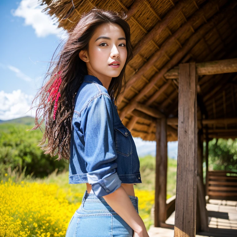 Best picture quality, Masterpiece, Ultra high resolution 8K, photograph, Asian girl wears old, ripped jeans short on her penis.; Wearing a red and blue plaid shirt. Wears a red, blue, pink plaid shirt. His stomach is strong and beautiful.;) His long hair blows up in the wind, his body is wet, he looks straight at him and acts in various seductive poses.;) Natural countryside with an old thatched hut with yellow and red flowers all around. The sunlight shone brightly.,.. Picture clarity 8k, Taken with a high quality camera 45,000,000 pixels
