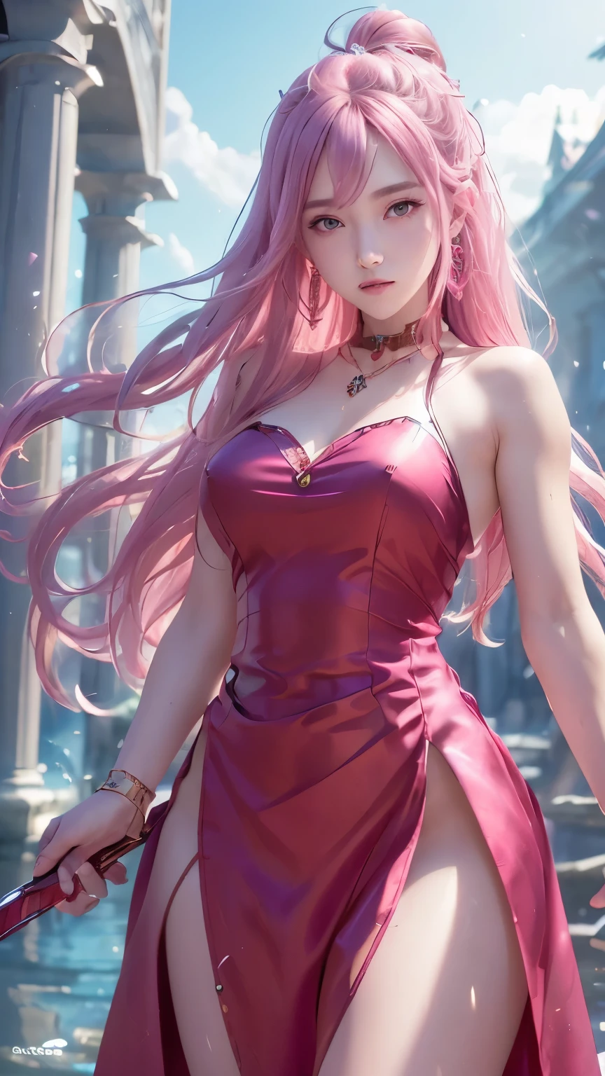 (logo、masterpiece、8k、Tabletop、RAW Photos、wonderful、最high quality、フォトリアルでVery detailedなCG統合8k壁紙、high quality、Very detailed、Narrative poem、Particle Effects、Dynamic Effects、Depth of text、Cinematic Light、Lens flare、Ray Tracing）、Fantasy、（One girl, arms, sword, Long Hair, dress, water, alone, jewelry, red dress, Earrings, hair ornaments, waterしぶき, Ultra-realistic upper body, Hair Bun, Pink Hair, Realistic city background, Lighting,Frank