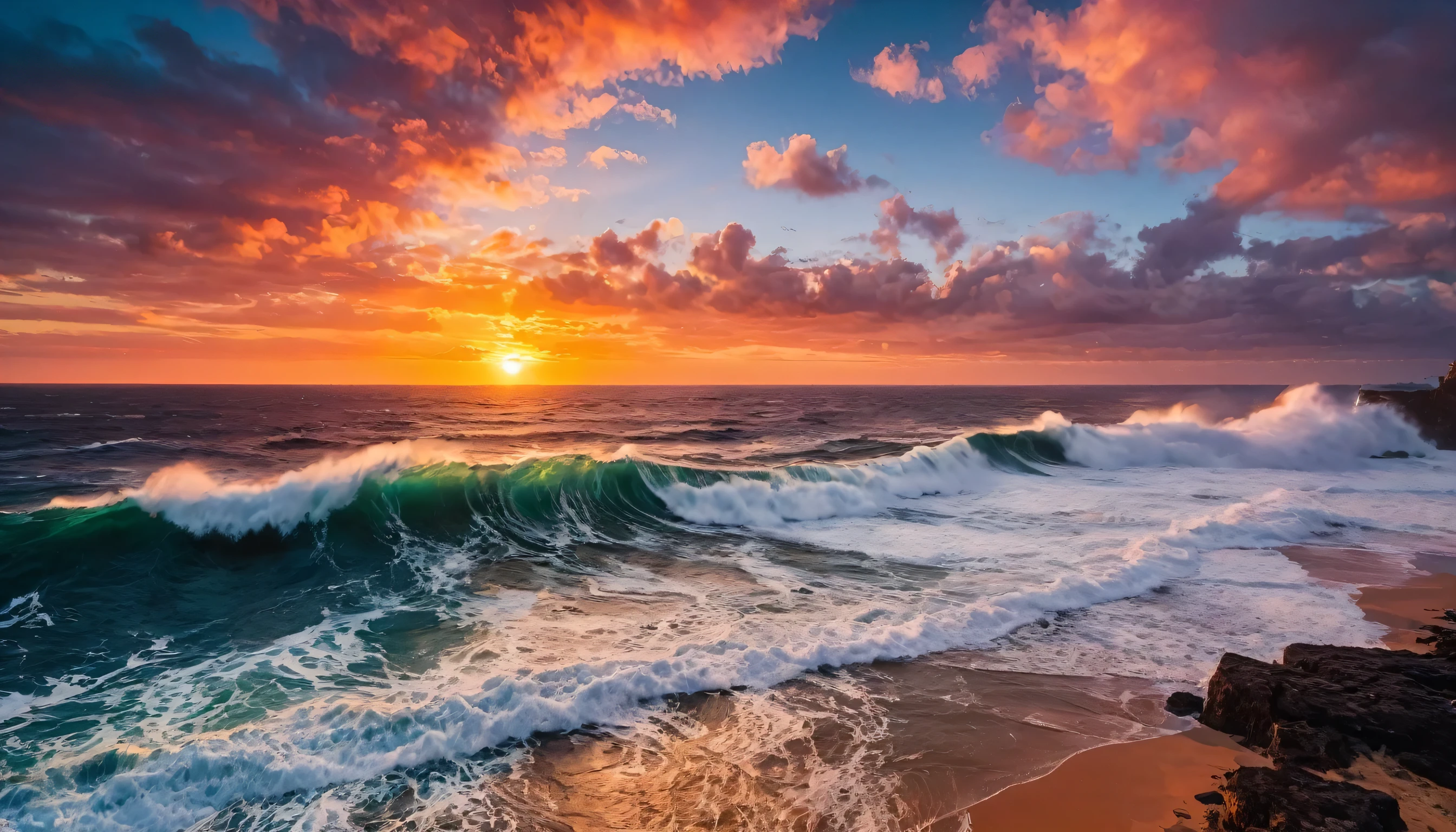 aerial view of a sunset over the ocean with waves crashing, chaotic sea scenery, nascer do sol vibrante, breathtaking colors, , vibrant sunset, , stunning sunset, magnificent background, sunset glow, fundo bonito, cena linda e quente, epic sunset, ancient caravel of discoveries sails towards the sun