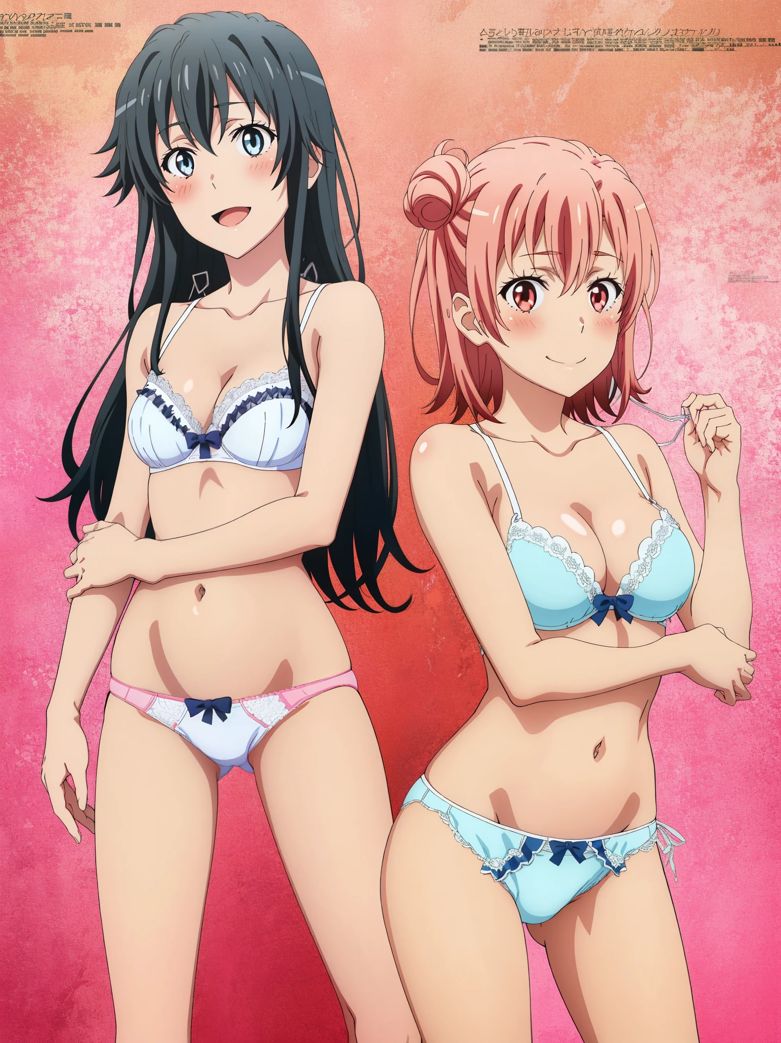 2 girls , , (((yuigahama yui))), Are standing, 2 girls , ((*Yukinoshita Yukino))) , Yuigahama Yui has a wonderful bust and hips.................., waltz dance, In underwear,Pink is good,belly Button,side-string panties,White bra、Buttレースパンティー,White panties,(Pussy Line:1.0),Urethra,Browsing Caution,Thighs,Butt,Looking at the camera,shy,Troubled smile,Eyebrows are lowered,Open your mouth,blush,High angle,Beautiful Eyes ,Megami Magazine,magazine cover,