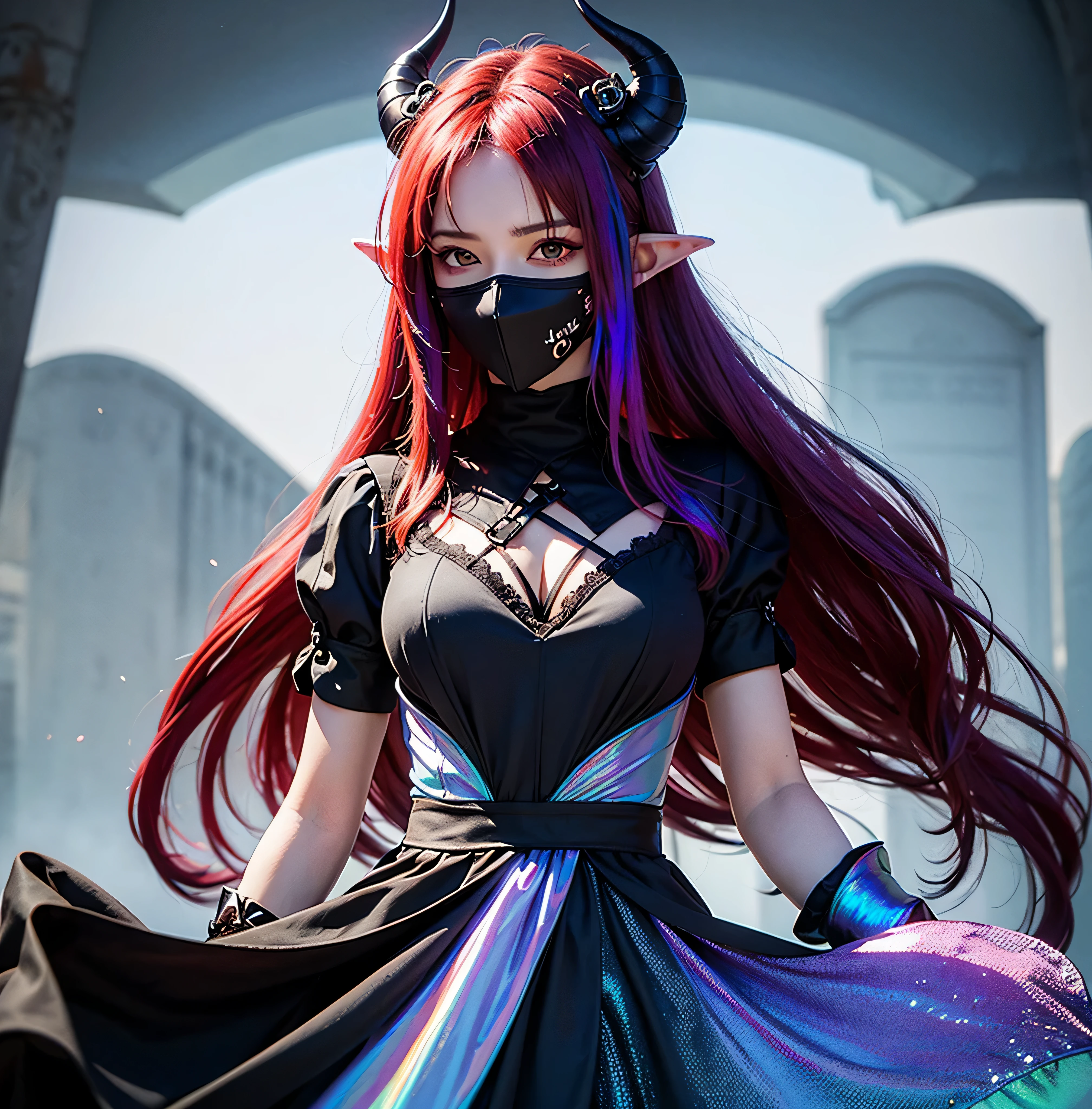 Castle background, 1girl, monster, mask, chest , red eyes, blood, 2 colored eyes, shining , white dress, red hair , looking at me, vampire, horns, demon, vampire girl, jewelry, shining lights, masterpiece, best quality, one eye red other eye green, ghotic , toxic mask, robotic design, magic circle, shining eyes, blood stains, black dress, sword, sakura , Cross, crow, blue flames, blue hair, colorful hair, (iridescent colors: 1.4),elf, green, creepy, dark, black rose, fangs, can't see arms 