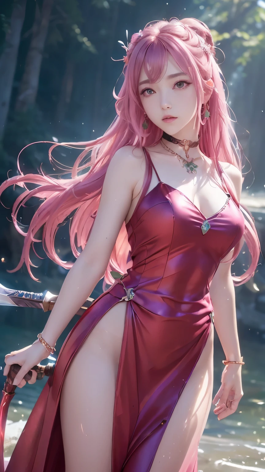 (logo、masterpiece、8k、Tabletop、RAW Photos、wonderful、最high quality、フォトリアルでVery detailedなCG統合8k壁紙、high quality、Very detailed、Narrative poem、Particle Effects、Dynamic Effects、Depth of text、Cinematic Light、Lens flare、Ray Tracing）、Fantasy、（One girl, arms, sword, Long Hair, dress, water, alone, jewelry, red dress, Earrings, hair ornaments, waterしぶき, Ultra-realistic upper body, Hair Bun, Pink Hair, Realistic city background, Lighting,Frank