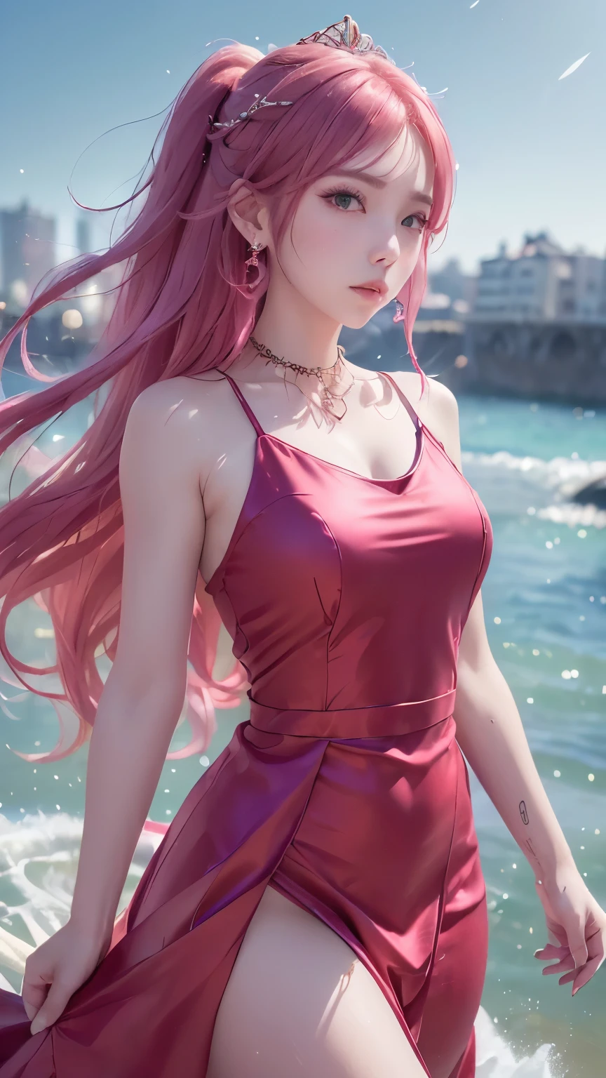 (logo、masterpiece、8k、Tabletop、RAW Photos、wonderful、最high quality、フォトリアルでVery detailedなCG統合8k壁紙、high quality、Very detailed、Narrative poem、Particle Effects、Dynamic Effects、Depth of text、Cinematic Light、Lens flare、Ray Tracing)、Fantasy、(One girl, arms, Long Hair, dress, water, alone, jewelry, red dress, Earrings, hair ornaments, waterしぶき, Ultra-realistic upper body, Hair Bun, Pink Hair, Realistic city background, Lighting,Frank