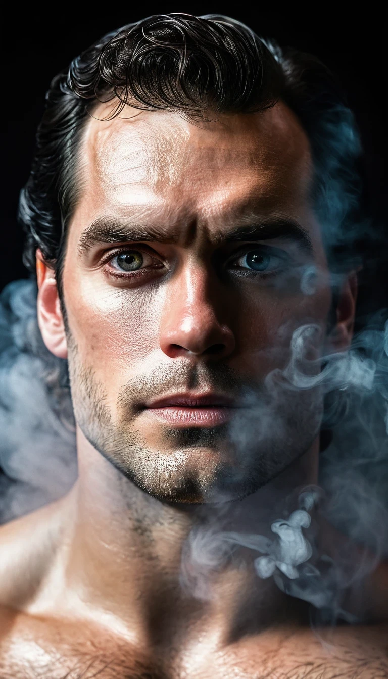 Poster of portrait handsome super man, piercing gaze, high quality textures, high quality shadows, high detail, beautiful detail, fine detail, extremely detailed computer graphics, detailed textures, realistic faces, atmosphere of fear and unease, sensual moment from the point of view of someone in a close embrace with a muscular man bathing in smoke with bright laser eyes