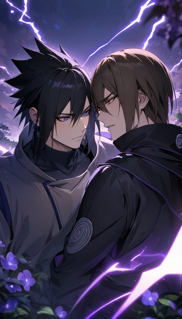absurdres, highres, ultra detailed, HDR, masterpiece, extremely detailed features, Uchiha Sasuke, expressive red eyes, black hair, hair between the eyes, Naruto Shippuden, Dainsleif, straight brown hair, with bangs, expressive blue eyes, Genshin Impact, 2men together, gay couple, handsome, black ninja clothes, purple sky, moon, purple lightning, fireflies, petals, purple flowers