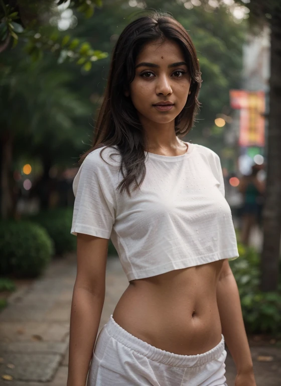 1girl, indian,scenic,
bokeh, f1.4, 40mm, photorealistic, raw, 8k, textured skin, skin pores, intricate details epiCRealism, white tshirt, navel, honey