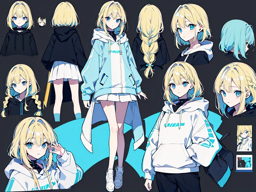Character Sheet、whole body、girl、Blonde hair with light blue tips,Braiding,Blue eyes,Black hoodie,White Background、Simple Background