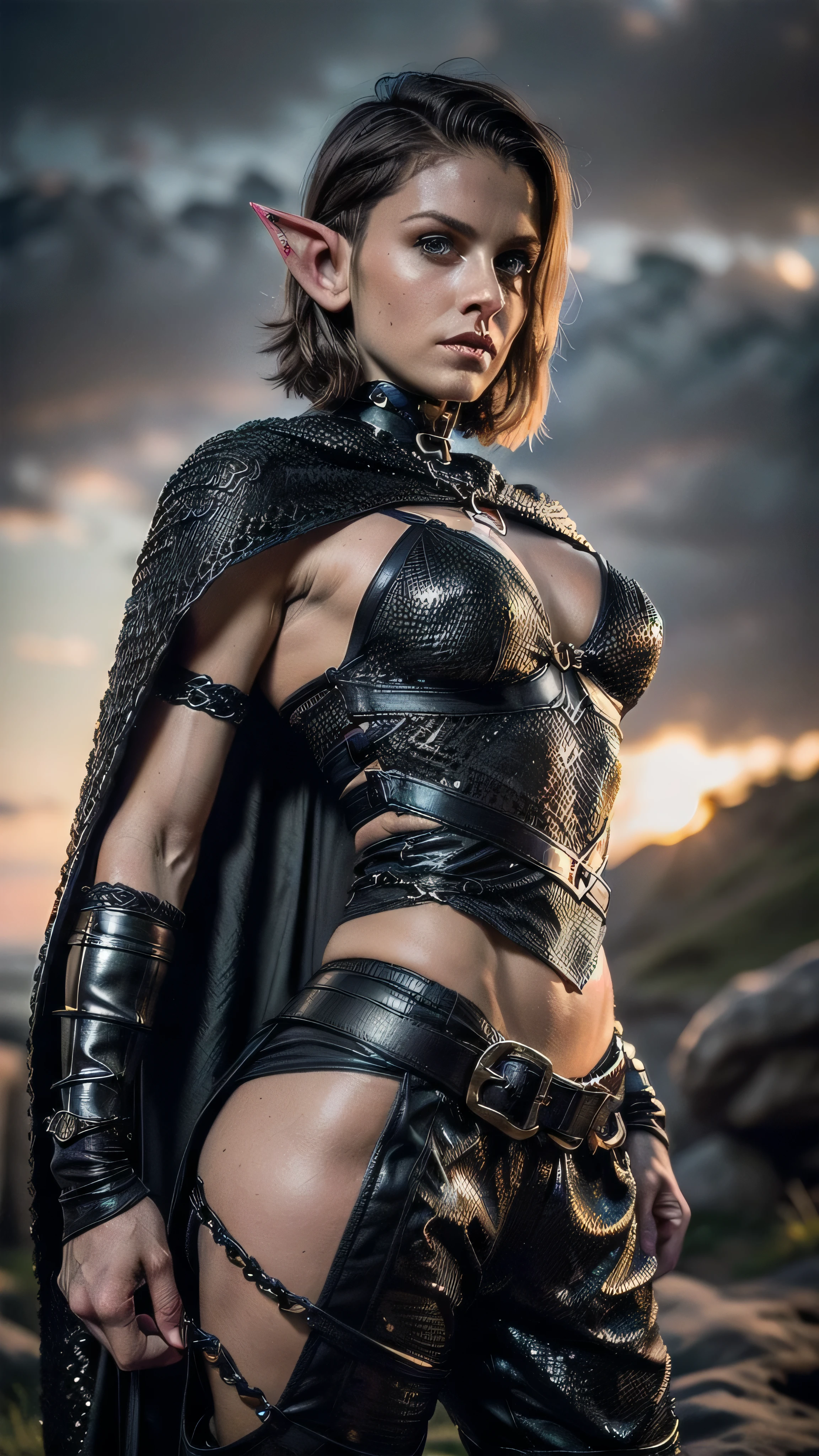 (masterpiece), (extremely intricate:1.3), (realistic), portrait of a muscular bodybuilder girl, (((medieval armor:1.6 ((matte black perfectchainmail, elf, elven), black cape, metal pants, portrait, (bullwhip)), wind blown blowing [green hair:dark hair:0.6])), tattoo:1.0), metal reflections, upper body, outdoors, intense sunlight, far away waterfall, professional photograph of a stunning woman detailed, ((short undercut shaved hair, dynamic pose)), sharp focus, dramatic, award winning, cinematic lighting, volumetrics dtx, (film grain, blurry background, blurry foreground, bokeh, depth of field, sunset, interaction), 8K