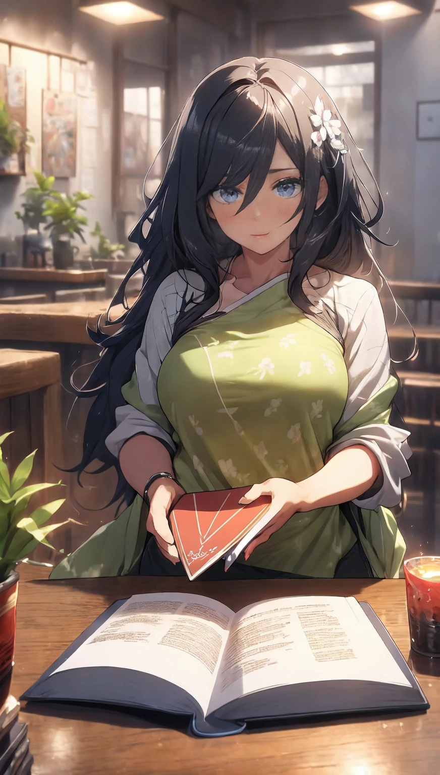 anime,Ultra HD, Anatomicamente Correto, pele texturizada, melhor qualidade,uma garota extremamente delicada e linda,22 anos, rosto fascinante e fino, olhos vivos e lindos, figura esbelta, deitado no campo de flores, contra luz de fundo ao anoitecer, water eyes, saia longa, cabelo desgrenhado, livro de arte, paisagem urbana, fantasia, apenas umbigo, Ombros nus,fundo iluminado