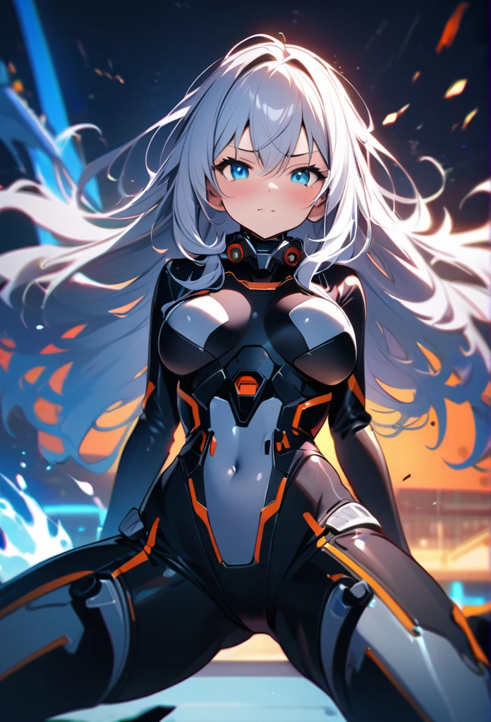 High quality, high definition images, full HD、
8k.1 girl( white long hair),Futuristic fighter pilot,black and white pilot suit,blue eyes,Sit on a fighter jet Guts pose,