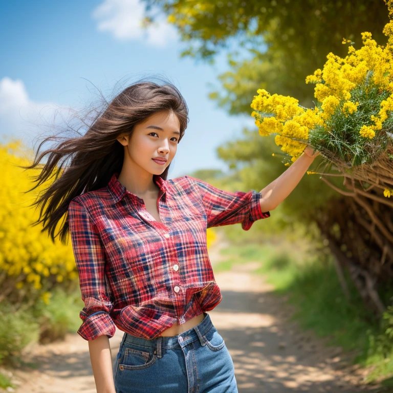 Best picture quality, Masterpiece, Ultra high resolution 8K, photograph, Asian girl wears old, ripped jeans short on her penis.; Wearing a red and blue plaid shirt. Wears a red, blue, pink plaid shirt. His stomach is strong and beautiful.;) Long hair blows up in the wind.,) Stand, walk and look straight ahead.,) Natural countryside with an old thatched hut with yellow and red flowers all around. The sunlight shone brightly.,.. Picture clarity 8k, Taken with a high quality camera 45,000,000 pixels